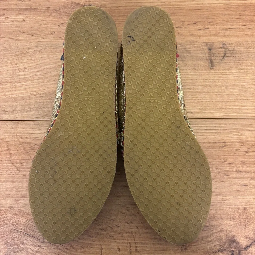 GUCCI Crinkled Leather Web Pilar Bee Espadrille Flat Gold Women Size 40 Slip On